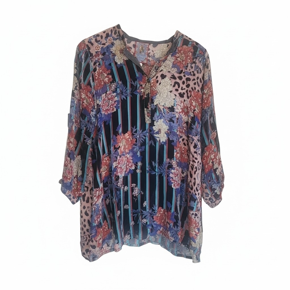 Johnny Was Navy Multicolor Floral & Stripe Tunic